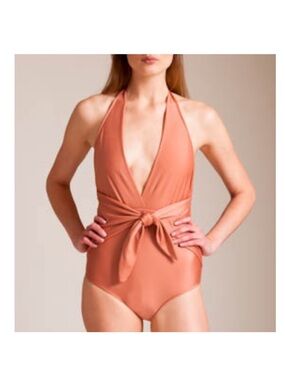 Adriana Degreas Plunge Halter One-Piece Swimsuit in Terracotta